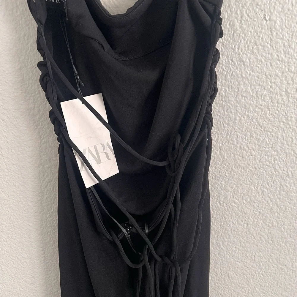 Zara Medium Dress Maxi Black Lace Up Back Ruched Whimsigoth Glam NWT - Picture 2 of 8